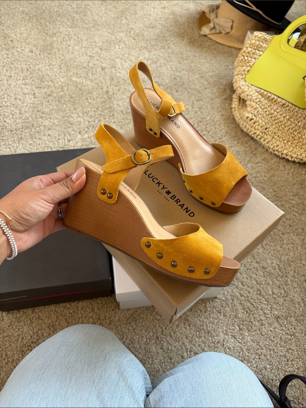 Lucky Brand Mustard Yellow Suede Wedge Sandals